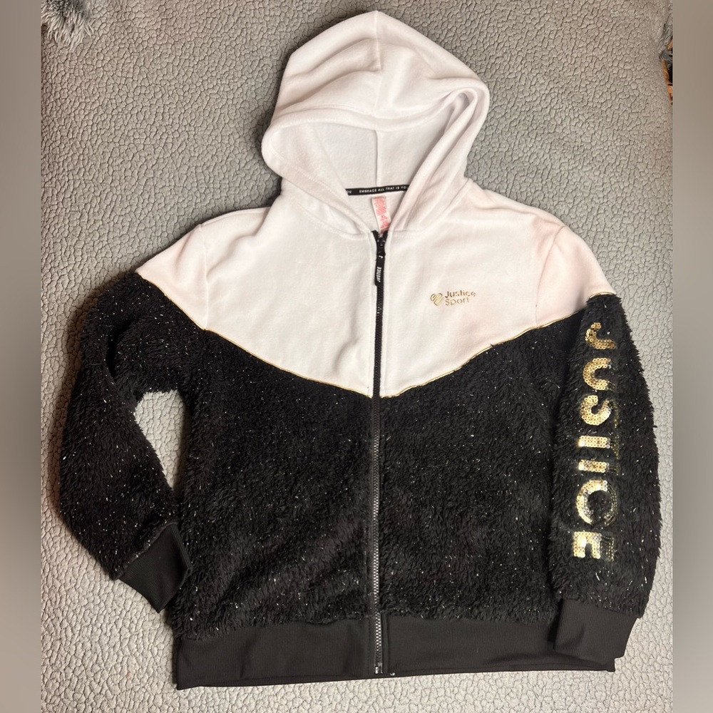 Justice Sport Zip Up Hoodie Black Whit And Gold Juniors Size XL Fuzzy Bottom